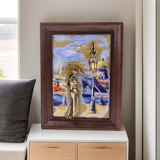 Бронзовая картина "Девушка с зонтом. Набережная. Мост" с подсветкой купить с доставкой Бронзовая картина "Девушка с зонтом. Набережная. Мост" с подсветкой